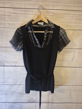 Sophie Max Black Layered Plaid-Trim Short Sleeve Combo Top Medium
